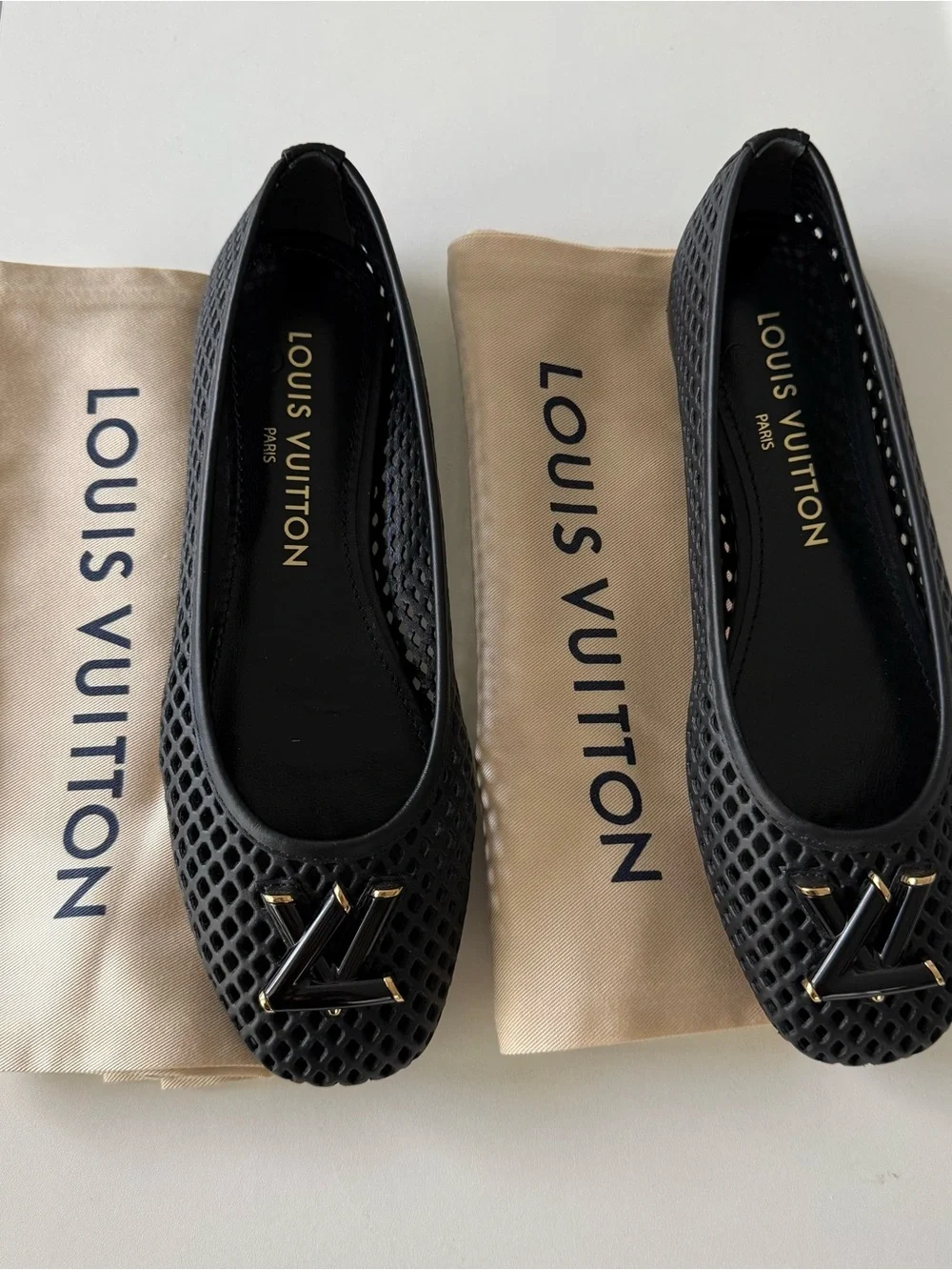 Louis Vuitton Black Mesh Ballet Flats with Gold LV Accent
